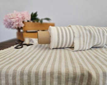 Linen fabric natural with milk white stripes, Natural linen medium weight fabric by the yard, Washed organic flax