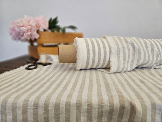 Linen fabric natural with milk white stripes, Natural linen medium weight fabric by the yard, Washed organic flax