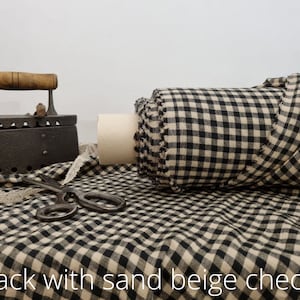 Linen fabric black with sand beige checks, Linen fabric by the yard or meter, Checked flax for sewing Sand Beige / Black