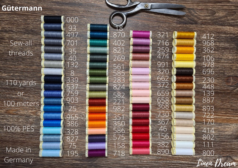 Puede incluir: Una colecci&oacute;n de carretes de hilo para coser G&uuml;termann "Sew-all" de 110 yardas en varios colores. Los carretes est&aacute;n dispuestos en filas y etiquetados con sus n&uacute;meros de color correspondientes. El texto "Sew-all threads", "110 yards or 100-meters", "100% PES", "Made in Germany" y "Linen Dream" es visible en la imagen.