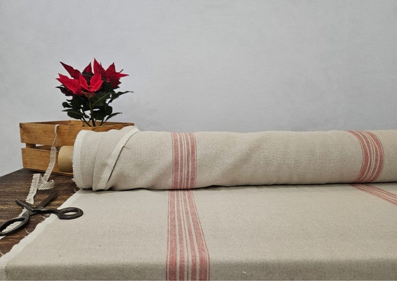 Linen fabric heavy natural with red stripes, Natural linen fabric by the yard or meter, Washed organic flax