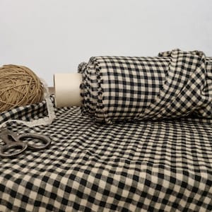 Linen fabric black with sand beige checks, Linen fabric by the yard or meter, Checked flax for sewing zdjęcie 1