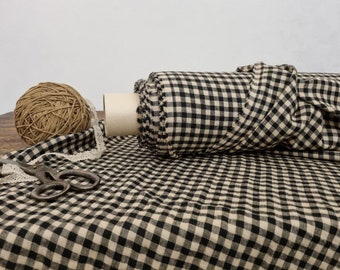 Linen fabric black with sand beige checks, Linen fabric by the yard or meter, Checked flax for sewing