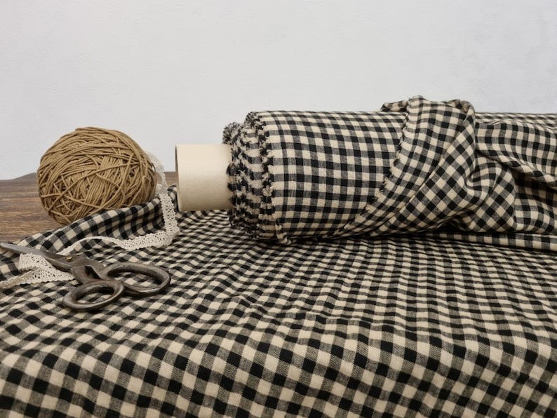 Linen fabric black with sand beige checks, Linen fabric by the yard or meter, Checked flax for sewing image 1