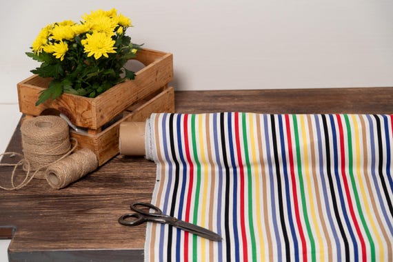 Dark Rainbow striped lightweight linen blend fabric, Fabric by the yard or meter