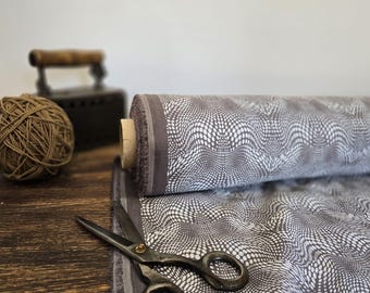 Linen fabric iron gray with abstract white print, Washed softened linen fabric by yard or meter