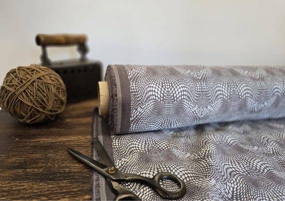Linen fabric iron gray with abstract white print, Washed softened linen fabric by yard or meter