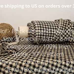 Linen fabric black with sand beige checks, Linen fabric by the yard or meter, Checked flax for sewing image 2