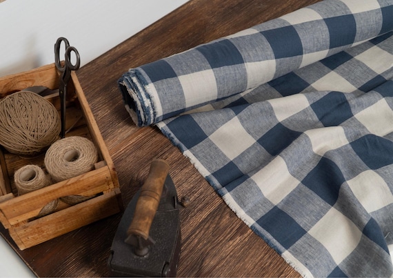 Linen fabric blue with cold gray checks, Linen fabric checked by the yard or meter, Washed flax for sewing