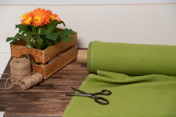 Linen fabric Lime green, Fabric by the yard or meter, Organic washed flax fabric