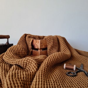 Waffle linen fabric light cinnamon brown, Fabric by the yard or meter, Washed softened flax cotton fabric