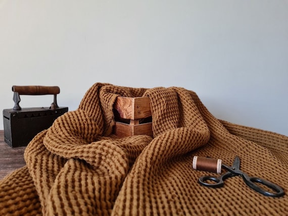 Waffle linen fabric light cinnamon brown, Fabric by the yard or meter, Washed softened flax cotton fabric