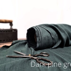 Linen fabric dark forest green, Fabric by the yard or meter, Washed softened flax fabric Dark Pine Green