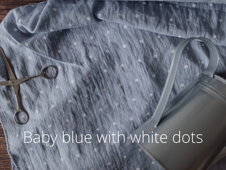 baby blue with white dots linen fabric texture,  linen material for curtains and clothing, 145 cm wide (57 inches), medium weight, sold by length from 0.5 m or 0.5 yard