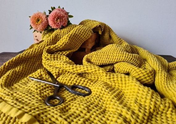 Waffle linen fabric yellow,  Fabric by the yard or meter, Washed softened blend fabric