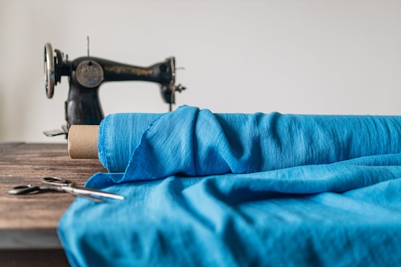Linen fabric blue sky, Fabric by the yard or meter, Washed softened flax fabrics
