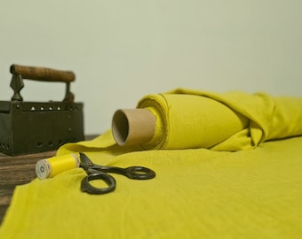 Linen fabric lemon yellow, Fabric by the yard, Softened pure flax fabric