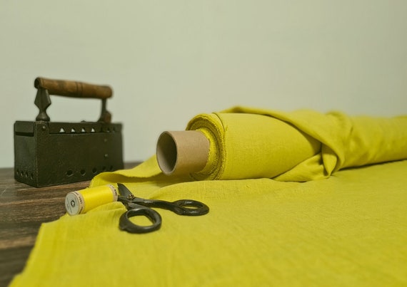 Linen fabric lemon yellow, Fabric by the yard, Softened pure flax fabric
