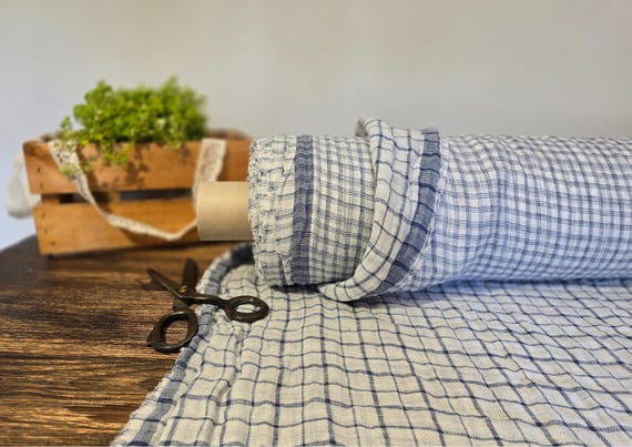 Double sided linen fabric blue with white checks, Linen fabric checked by the yard or meter, Washed flax for sewing