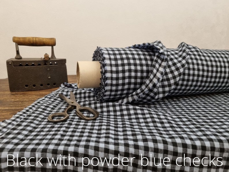Linen fabric black with sand beige checks, Linen fabric by the yard or meter, Checked flax for sewing Powder Blue / Black