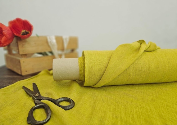 Linen fabric lemon yellow thin gauze, Cheesecloth lightweight linen fabric, Fabric by the yard or meter