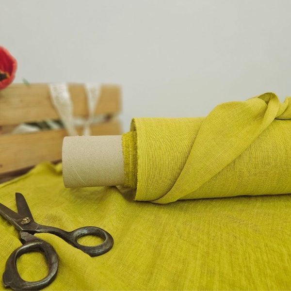 Gaze fine jaune citron en tissu de lin, tissu de lin léger en étamine, tissu par yard ou mètre