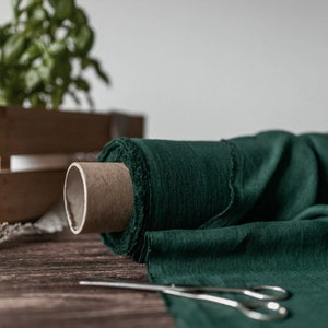 Linen fabric dark forest green, Fabric by the yard or meter, Washed softened flax fabric image 1