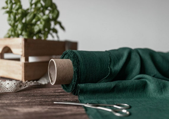 Linen fabric dark forest green, Fabric by the yard or meter, Washed softened flax fabric