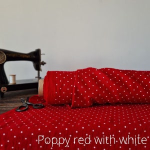 Linen fabric steel blue with dots, Fabric by the yard or meter, Softened washed linen fabric Poppy Red - dots