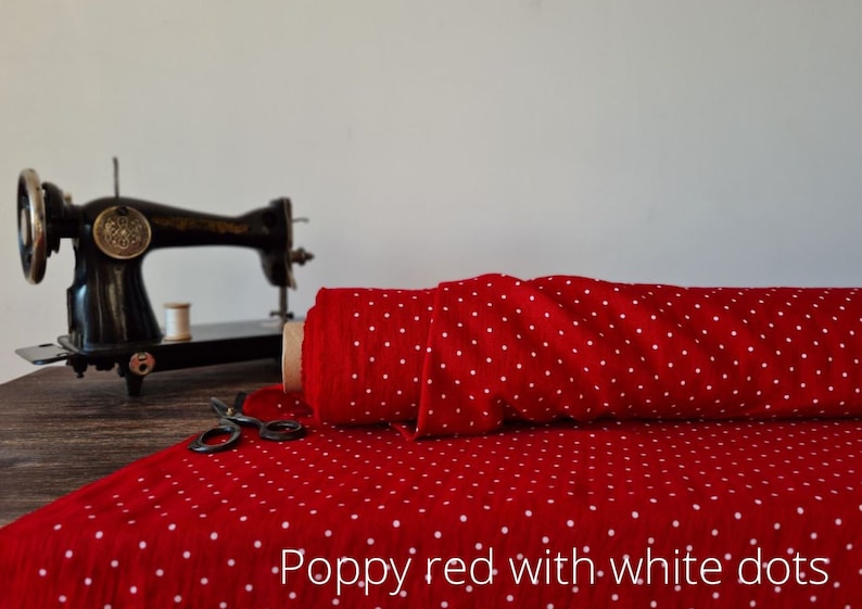 Linen fabric steel blue with dots, Fabric by the yard or meter, Softened washed linen fabric Poppy Red - dots