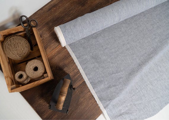 Linen fabric milk white with dark gray stripes, Natural linen lightweight fabric by the yard, Washed  organic flax
