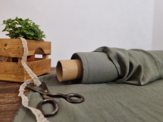 Linen fabric lightweight sage green, Fabric by the yard or meter, Organic flax fabric