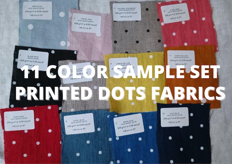 11 different color dotted dots linen fabric texture, natural woven linen material for curtains , 148 cm wide (57 vinches), OEKO-TEX Standard 100 certified, medium weight, sold by length from 0.5 m or 0.5 yard. sampleas are about 6x6cm ( 2.3x2.3 inches)