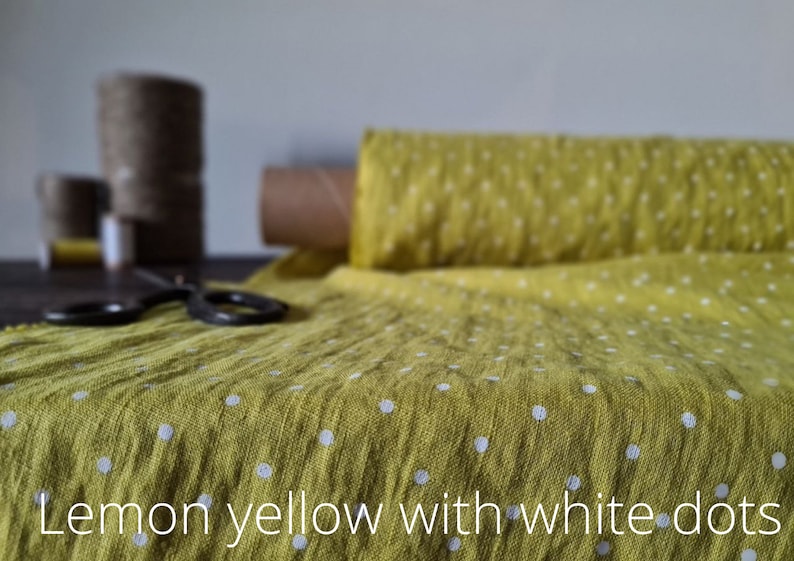 Linen fabric steel blue with dots, Fabric by the yard or meter, Softened washed linen fabric Lemon - white dots