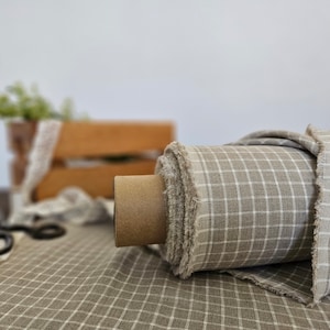 Linen fabric natural with milk white checks, Linen fabric by the yard or meter, Checked flax for sewing