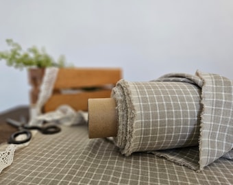 Linen fabric natural with milk white checks, Linen fabric by the yard or meter, Checked flax for sewing