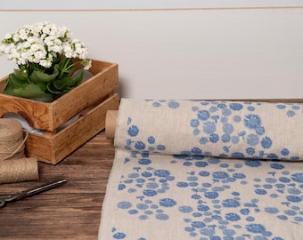 Linen fabric cornflower blue natural printed, Natural floral fabric by the yard or meter, Washed floral flax sewing fabrics