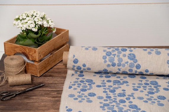 Linen fabric cornflower blue natural printed, Natural floral fabric by the yard or meter, Washed floral flax sewing fabrics