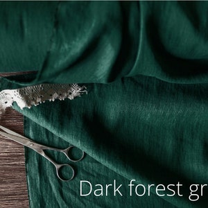 Linen fabric dark forest green, Fabric by the yard or meter, Washed softened flax fabric Dark Forest Green