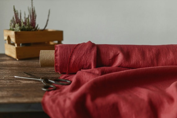 Raspberry red linen fabric, Fabric by the yard or meter, Washed flax fabric
