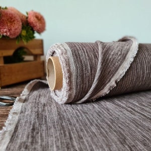 Linen fabric brown with white stripes, Natural fabric by the yard or meter,  Striped washed flax sewing fabrics