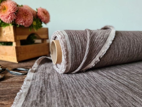 Linen fabric brown with white stripes, Natural fabric by the yard or meter,  Striped washed flax sewing fabrics