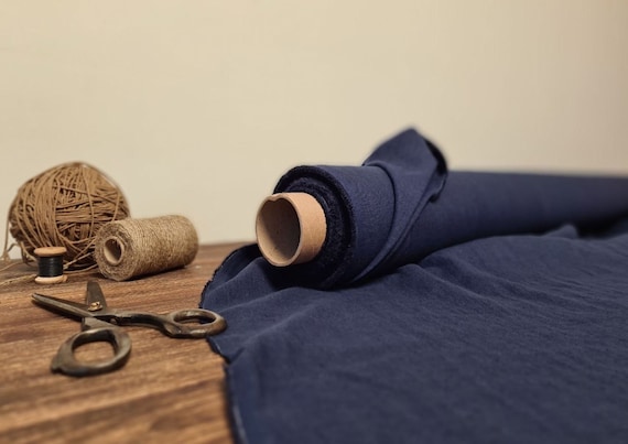 Linen fabric midnight blue, Fabric by the yard or meter, Organic washed flax fabric