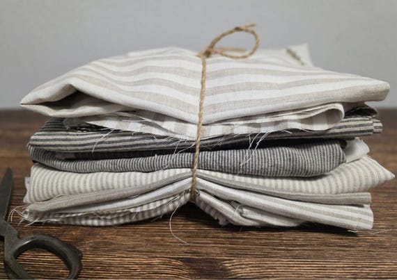 Linen Fabric Remnants striped mix – Assorted Sizes & Colors – Natural 100% Linen Leftovers