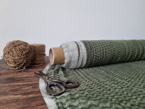 Linen gauze fabric green with beige, Cheesecloth linen fabric, Fabric by the yard or meter