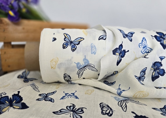 Linen fabric milk white with printed blue butterflies, Printed linen fabric by the yard or meter