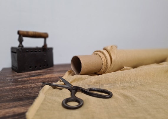 Linen fabric gauze caramel yellow, Pure sheer thin cheesecloth fabric, Fabric by the yard or meter