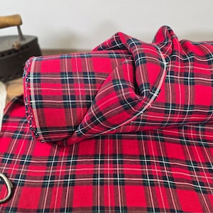 Linen fabric red with white and black checks, Linen fabric checked by the yard or meter, Washed flax for sewing