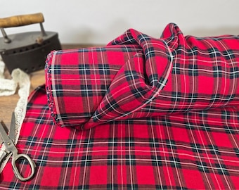 Linen fabric red with white and black checks, Linen fabric checked by the yard or meter, Washed flax for sewing