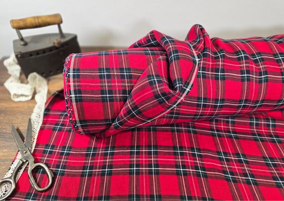 Linen fabric red with white and black checks, Linen fabric checked by the yard or meter, Washed flax for sewing